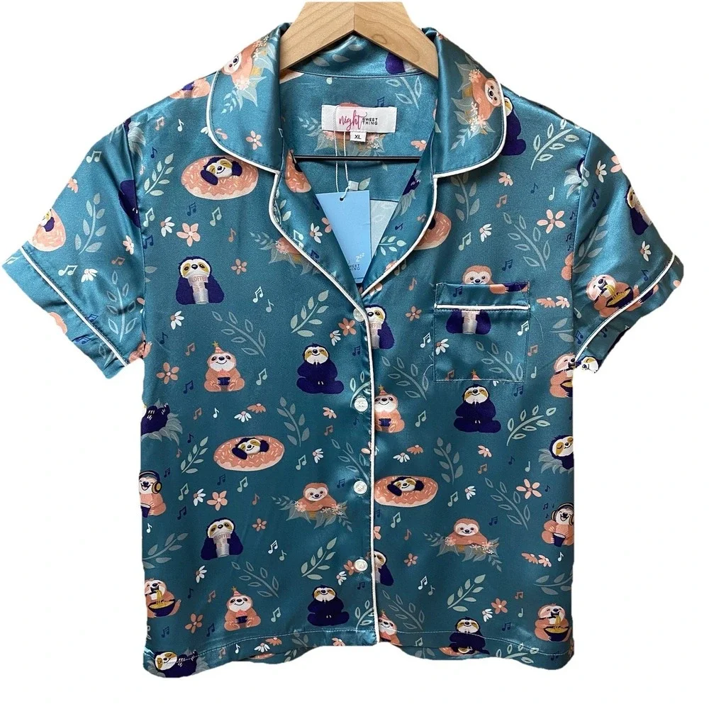 NWT Sloth Satin Pajama Top Girls XL Teal Kawaii Sleep Shirt
